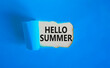 © Dzmitry - Hello summer symbol. Concept words Hello summer on beautiful white paper. Beautiful blue paper background. Business lifestyle Hello summer concept. Copy space.