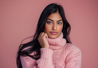 Wall Mural - Beautiful indian woman wearing a turtleneck sweater against a solid pink background