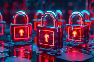 Canvas Print - Digital locks illuminated against a vibrant cybernetic backdrop, representing the robust nature of cybersecurity.