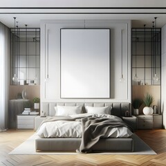 Wall Mural - Modern Bedroom Interior Design with Minimalist Decor and Large Empty Canvas