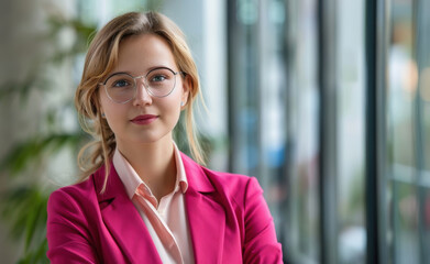 Canvas Print - Young businesswoman in pink color suit standing confidently