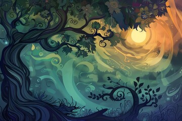 Wall Mural - A detailed painting capturing a majestic tree surrounded by lush greenery in a dense forest setting, graphic design project background