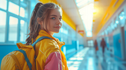 Wall Mural - Beautiful portrait of a young girl student. Teenager studies at school. Blurred background.