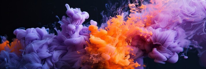 Wall Mural - vibrant ink swirls in beautiful shades of purple and orange set against a dark black background