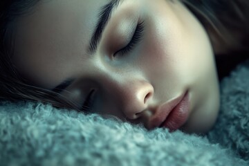 Close-up of a woman face in deep sleep, resting on a plush pillow with a calm and relaxed expression