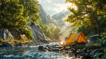 campsite by the river with tents illuminated by the morning sun