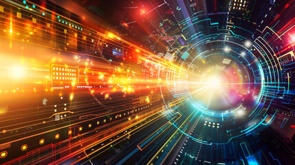 Wall Mural - a colorful, abstract image of a cityscape with a bright light shining through a tunnel. concept of m