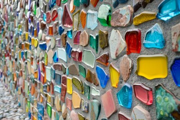 Poster - A wall constructed from colorful glass tiles, creating a bright and eye-catching display, Gravel wall embedded with colorful glass fragments