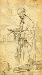 Wall Mural - St. Vincent de Paul Serving the Poor in 17th-Century France, Biblical Illustration, Beige Background, Copyspace , Biblical Illustration