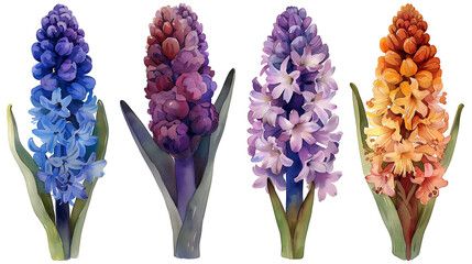 Wall Mural - Watercolor hyacinth set, hand painted floral illustration, beautiful flowers isolated on a white background