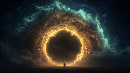 Wall Mural - lonely traveler wearing a hooded cloak, holding a staff, standing in front of a giant portal in the 