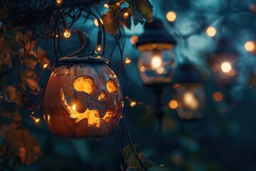 Halloween Decorations: Close Up of Scary Pumpkin Lanterns in the Dark Night