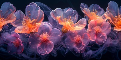 Poster - Vibrant Pink and Orange Blossoms Combined with Ethereal and Dreamy Smoke Effects