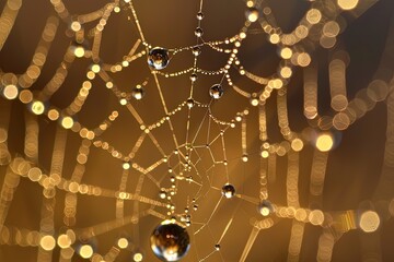 a close up of a spider web covered in drops of dew