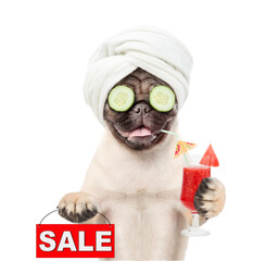 Fototapete - Funny Mastiff puppy with towel on his head and with cream on his face and a pieces of cucumber on his eyes holding watermelon cocktail and signboard with labeled 