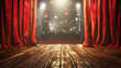 © Chrixxi - Red stage curtains with bokeh lights and a wooden floor in front of the scene for a theater or cinema background. Backstage actor going on stage perspective