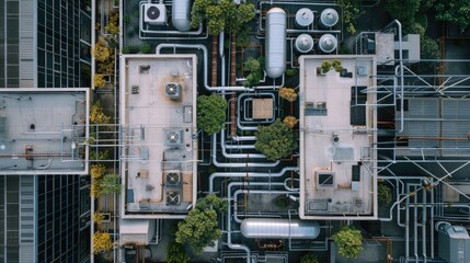 A commercial building rooftop with air conditioners and heat pumps