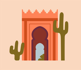 Wall Mural - Moroccan architecture, arched tower. Morocco card. Marrakech building, archway. Marrakesh aesthetic, oriental Medina structure and cactus. Minimalistic Maroc Berber flat vector illustration