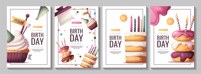 Sticker - Birthday flyers with cakes, cupcake, birthday donuts.  Birthday party, celebration, congratulations, invitation concept. Vector illustration.