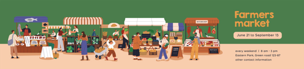 Farm market, web banner design. Local eco vegetables, domestic farmers produce. Fresh organic natural marketplace, festival, fair, long promotion background, header template. Flat vector illustration