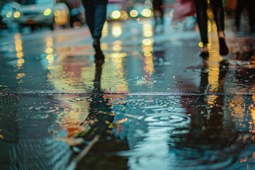 Wall Mural - a group of people walking down a rain soaked street