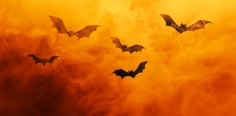 Sticker - The background of this image is a spooky Halloween background of an orange-yellow fog with silhouetted black bats.