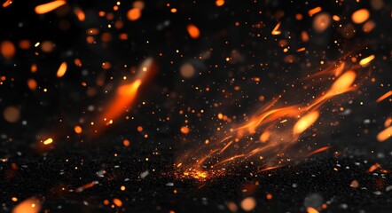 Aufkleber - Dark glitter fire particles lit over a black background. Fire embers particles.