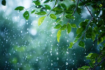 Wall Mural - a green leafy tree branch with water drops