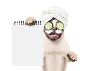 Fototapete - Funny pug puppy with towel on it head with cream and slices of cucumber on his face shows empty list. isolated on white background