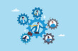 © Nuthawut - Roles and responsibilities, teamwork or resource management, work delegation, role definition or supervision, job position or organization concept, business man on gear cogwheels work with employees.