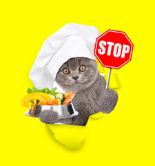 Wall Mural - Cat wearing chef's hat looking through the hole in yellow paper and holding bowl of vegetable and showing stop sign