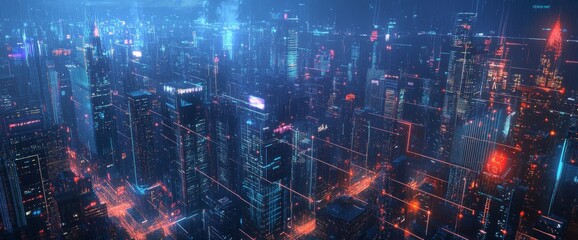 Wall Mural - Futuristic cityscape with digital lines and data points, skyline at night with illuminated skyscrapers