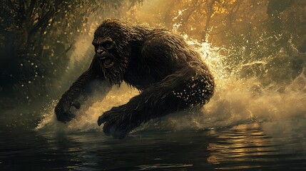 Bigfoot swimming across a river, with water splashing and ripples trailing behind --ar 16:9