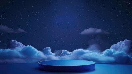 Canvas Print - Abstract blue podium pedestal surrounded by clouds on dark background with stars