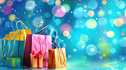 Colorful shopping bags and gift boxes on blue bokeh background with copy space for holiday sales or festive present concept