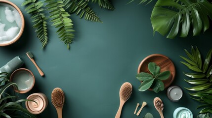 Wall Mural - Natural Spa Products with Greenery on Green Background