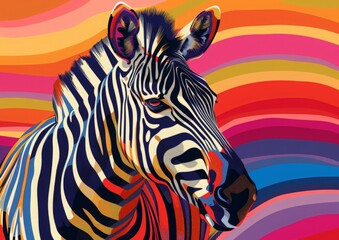 Wall Mural - Stylized illustration of a zebra in a polygonal style. Zebras head and neck are prominent, with a colorful striped background