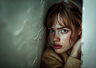 A young woman with brown hair and bangs cowers in the corner of her room, eyes fixed on the unseen horror emerging from the shadows.