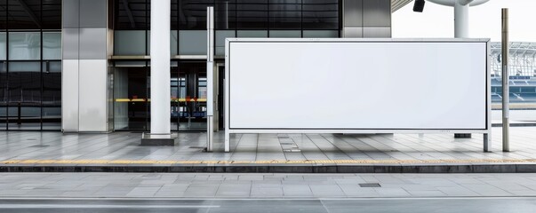 Empty white signboard at sports stadium entrance, blank advertising space, modern stadium setting