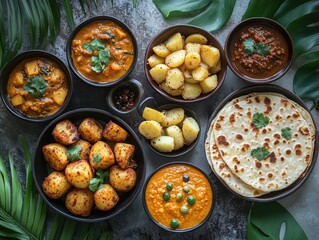 Poster - A table full of food with a variety of dishes including potatoes, rice