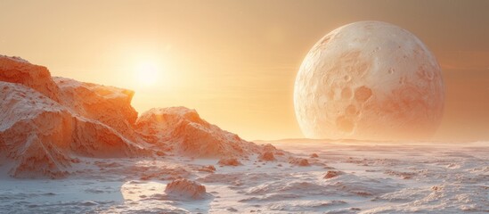 Alien Landscape with Large Moon and Distant Sun