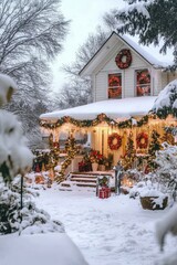 Canvas Print - A house is decorated with Christmas lights and wreaths