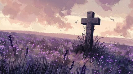 Sticker - Lavender Field with Stone Cross Biblical Illustration Christian Peace and Beauty Beige Background Copyspace