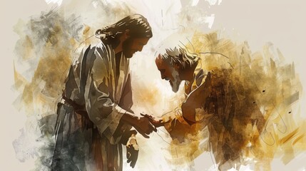 Wall Mural - Compassionate Christian Jesus Healing Blind Man with Touch on Beige Background and Copyspace