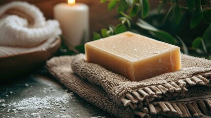 Nature based soap bar and soft terry cloth in background banner