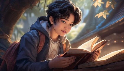 Wall Mural - ai generative of anime a boy is reading a book