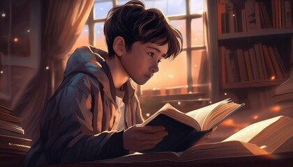 Wall Mural - ai generative of anime a boy is reading a book