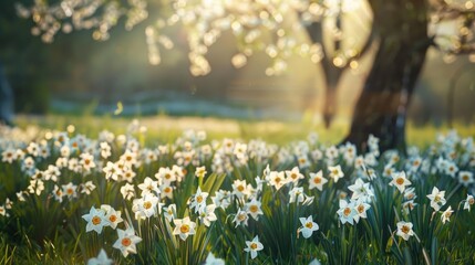 Sticker - White daffodils bloom in park meadow