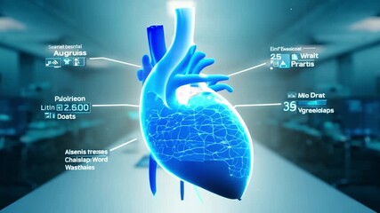 Wall Mural - A modern laboratory showcases a glowing 3D model of a heart surrounded by high-tech monitors and equipment in a dimly lit atmosphere.