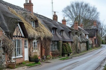 a row of brick houses with thatched roofs